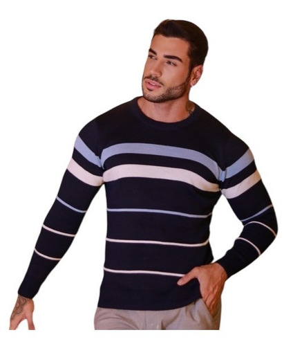 Casaco Blusa Sueter Tricô Masculino Listrado Lã Inverno