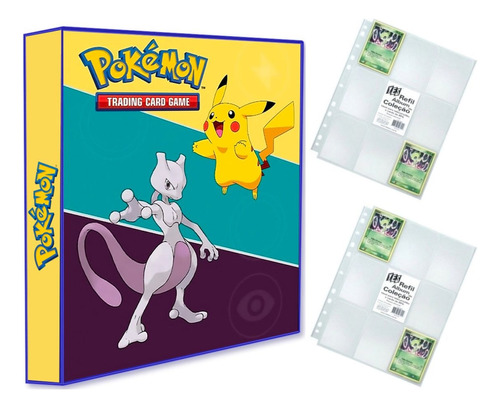 Álbum Pasta Fichário Pokemon + 20 Folhas Mega Mewtwo Pikachu