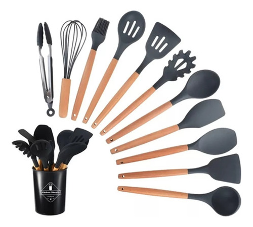 Set 12 Utensilios Cocina Mango Silicona Madera Repostería