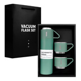 Garrafa Térmica Com Xícaras Inox Vacuum Flask Set Água Café Cor Verde