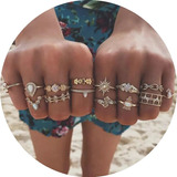 Set De 12 Anillos Bohemio Hippie Plumas Flores Manicure