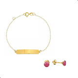 Pulseira Chapinha Com Brinco Zircônia Rosa Pink 3mm Ouro 18k