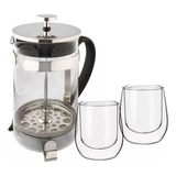 Set Caja Cafetera Embolo Hudson + 2 Taza Vidrio Termicas