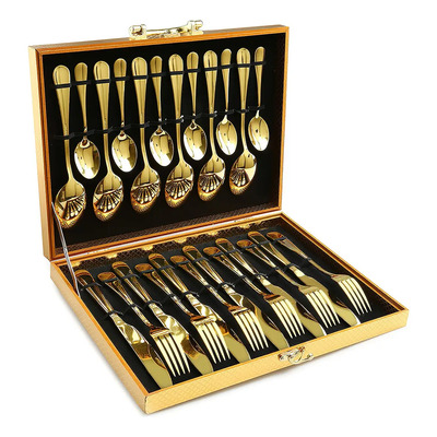 24pzs Juego De Cubiertos Acero Inoxidable Caja Madera Color Oro | MercadoLibre