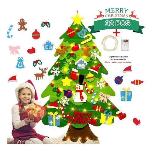 Árvore De Feltro De Natal Com Luzes Led Decoradas Para