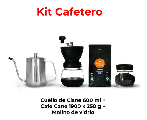 Kit Cafetero Molino Vidrio + Cuello Cisne 600ml + Café Grano