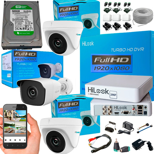 Kit Hikvision Hilook Dvr 4 Ch + 3 Cámaras 1080p + Disco 500g