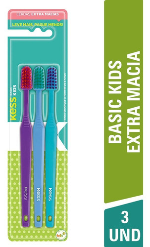Escova Dental Kess Basic Kids Extra Macia C/ 3 Unid Wxz