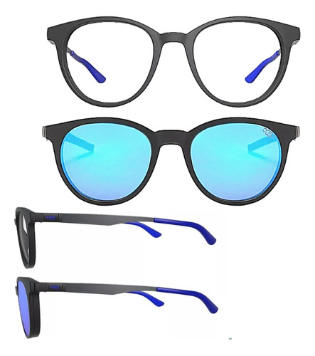 Óculos Armação Grau Hb Clip-on 0253 Polarizado Preto Azul 