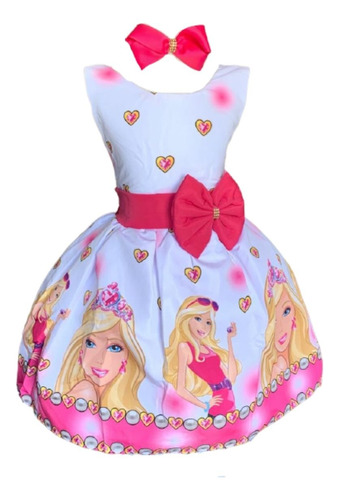 Vestido Temático Infantil Barbie Rosa Luxo Regata + Brinde