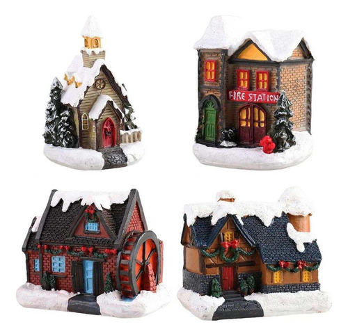 * 4 Piezas Villas Navideñas Casa De Nieve Pueblo Led