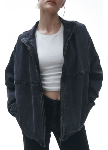 Campera Jean Bomber Over Size Con Cierre Gris Humo Di Que Si