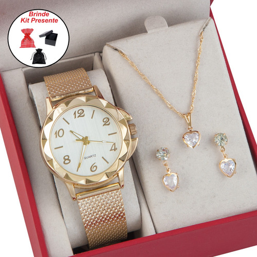 Relógio Feminino+ Colar Pingente Brincos Folheado A Ouro 18k