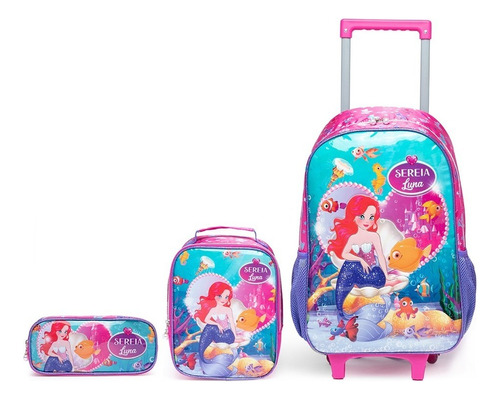 Mochila De Rodinhas  Lancheira  Estojo Infantil Menina Cor Rosa Sereia Desenho Do Tecido Liso