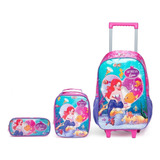 Mochila De Rodinhas  Lancheira  Estojo Infantil Menina Cor Rosa Sereia Desenho Do Tecido Liso