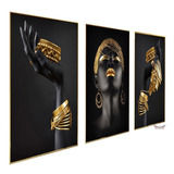 Quadro Decorativo Mulher Africana Com Joias 3 Peças 