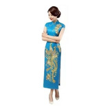 Vestido Oriental Longo Com Estampa De Fênix - Azul