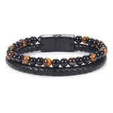 Pulsera Cuero Ojo De Tigre Obsidiana Regalo Amor Amistad