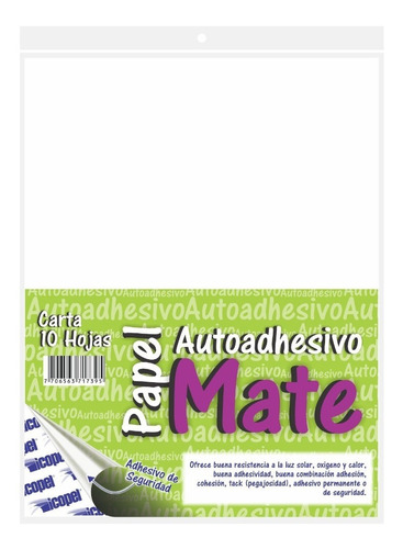 Papel Autoadhesivo Mate Carta * 10 Hojas - 2 Und