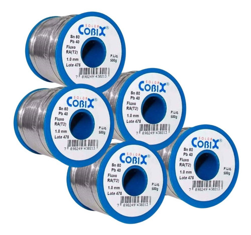 Kit 05 Solda Estanho 60x40 1mm C/ Fluxo Rolo 500g - Cobix