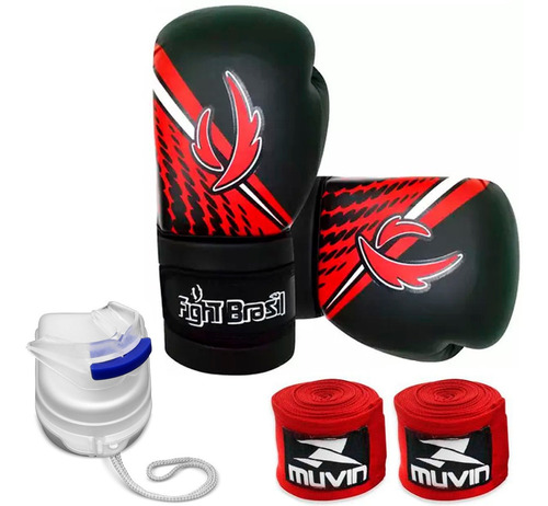 Luva Muay Thai Boxe Preta Vermelha+ Bandagem 5m+ Bucal Duplo