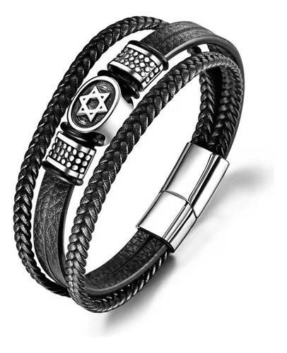 Pulsera De Cuero Estrella De David 100% Hombre Caballero 