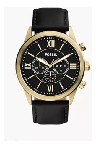 Fossil Reloj Flynn Bq2823 Acero Y Correa De Piel 48 Mm Correa Negro Bisel Dorado Fondo Negro