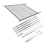 Kit Grelha Inox 40x60 E 6 Espetos E Pegador Carnes Churrasco