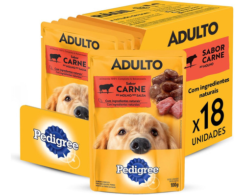 Pack Ração Úmida Pedigree Para Cães Adultos Sachê Carne Ao Molho, 100g - Caixa Com 18 Unidades