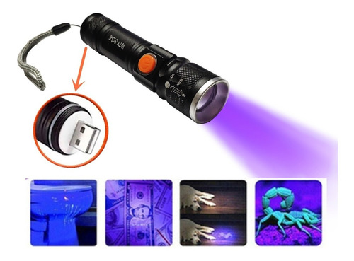 Lanterna Ultravioleta T6 Led Luz Negra Uv Escorpião Nota Usb