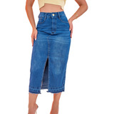 Saia Jeans Midi Fenda Frontal Tendência Blogueira Jeans