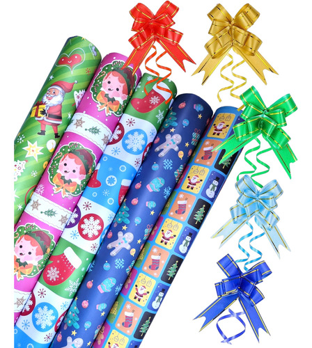 5 Pliegos Papel De Regalo Navideño Con Lazos 