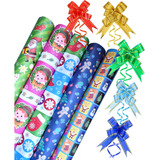 5 Pliegos Papel De Regalo Navideño Con Lazos 