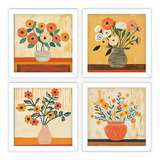 Kit 4 Quadros Decorativos Vasos, Flores, Pintura, Vidro