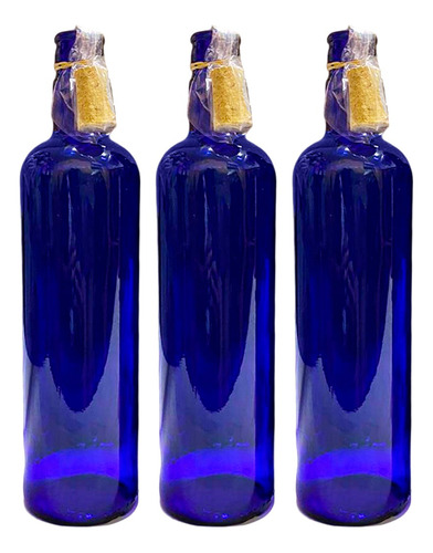 3 Botellas Vidrio Azul Hooponopono Concorcho Solarizada Full