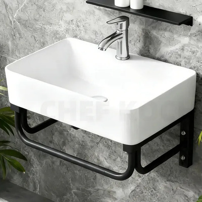 Lavabo De Cerámica Lavabos Para Baño De Estilo Moderno Y Sencillo De Alta Calidad, Colgado La Pared Equipado Con Soporte De Acero Inoxidable, Espejo Cuadrado, Estantería Grifo Y Desagüe | Envío gratis