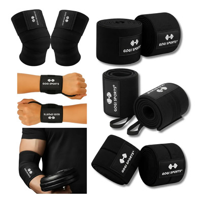 Kit Vendas Para Rodilla Knee Wraps + Coderas +muñequeras Gym Color Negra | Meses sin interés