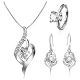 Juego Collar Y Aretes Anillo Mujer Plata 925 Corazón Cristal