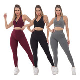 Kit 3 Roupas Academia Feminina Conjunto Fitness Legging Top