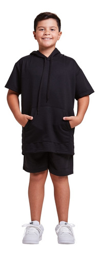 Conjunto Infantil Menino Camisa Capuz E Shorts Moletom Kids