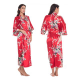 Kimono De Cetim Longo Vermelho Estampa De Pavão