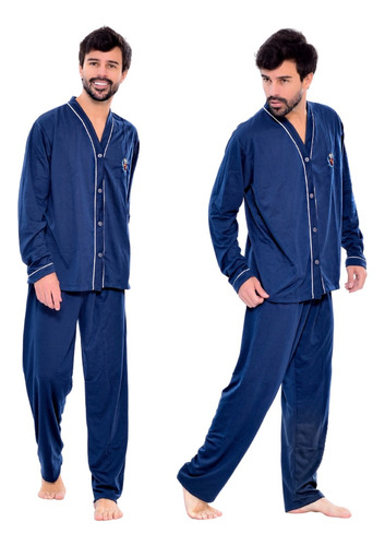 Pijama Americano Masculino Liso Inverno Aberto Manga Longa 