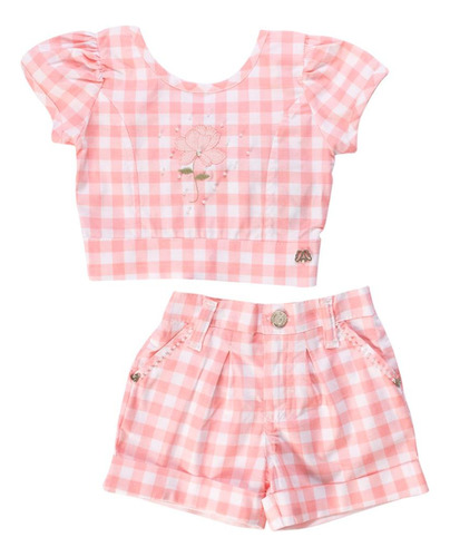 Conjunto Curto  Meninas Cropped  E Shorts Xadrez Rosa