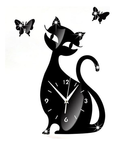 Reloj Lindo Espejo De Gato Negro Pared Moderno Diseño Decora