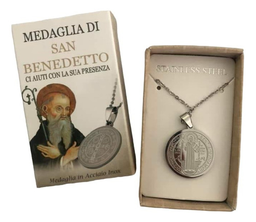 Medalla San Benito Acero Inoxidable Italiana 2.5 Cm +cadena