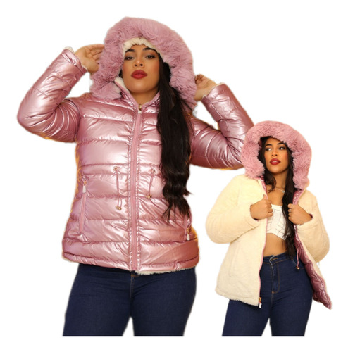 Jaqueta Feminina Sobretudo Metalizada Dupla Face Puffer Nf