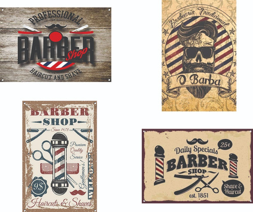 4 Plaquinhas Decorativas Barbearias Barber Shop Retrô Barber