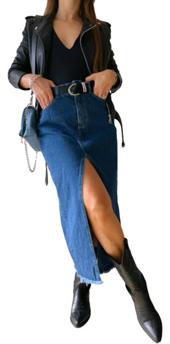 Pollera Falda Jeans Midi Larga Con Tajo Mujer 36 Al 48