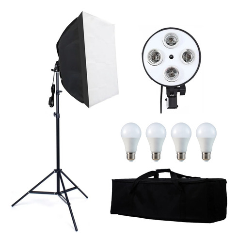 Kit Softbox Quadruplo 60x60 + Tripé + 4 Lampadas Led + Bag