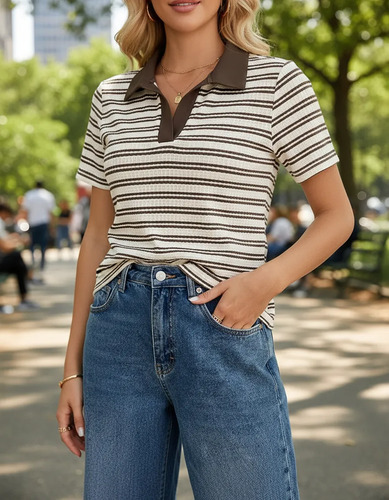 Polo Mujer Rayas Café Manga Corta Casual Verano 2026